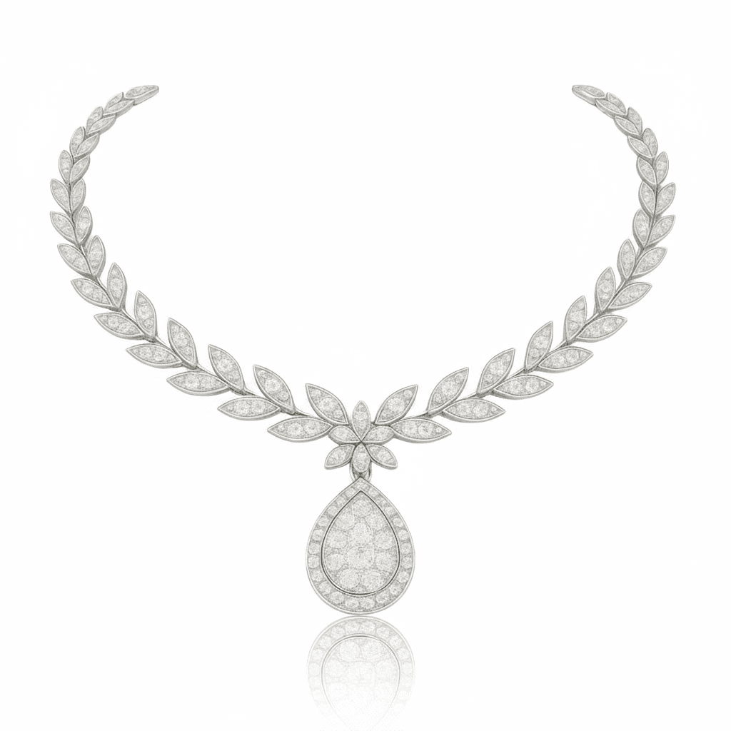 Elegant Silver Necklace with Zircon Stones Floral Teardrop Pendant Design