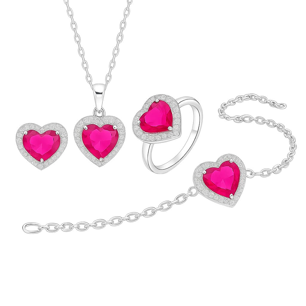 Silver Heart-Shaped Jewelry Set with Pink Gemstones